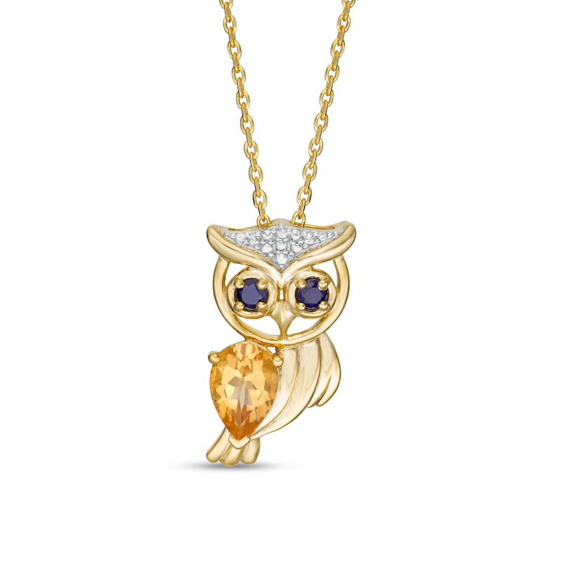 Pear-Shaped Citrine and Blue Lab-Created Sapphire Beaded Owl Pendant in Sterling Silver and 14K Gold Plate