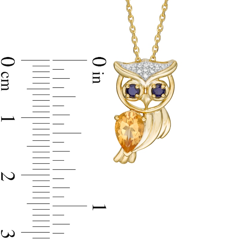Pear-Shaped Citrine and Blue Lab-Created Sapphire Beaded Owl Pendant in Sterling Silver and 14K Gold Plate