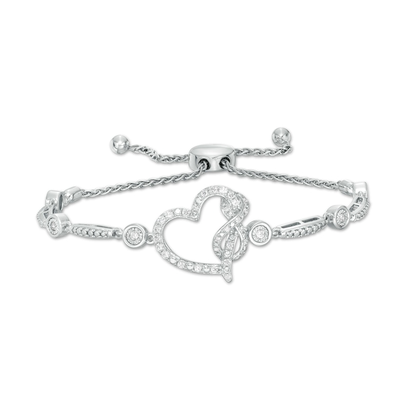 Main Image 1 of 3/8 CT. T.W. Diamond Tilted Heart with Infinity Bolo Bracelet in Sterling Silver - 9.0"