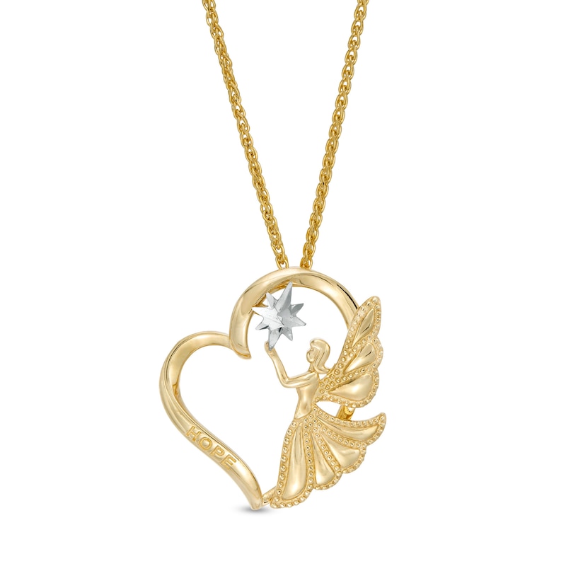 Exclusive Diamond-Cut and Beaded Guardian Angel of "HOPE" Tilted Heart Pendant in 10K Two-Tone Gold