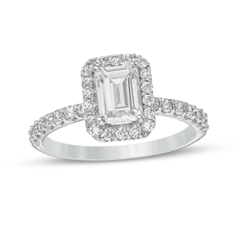 Main Image 1 of 1-1/2 CT. T.W. Certified Emerald-Cut Lab-Grown Diamond Frame Engagement Ring in 14K White Gold (F/VS2)