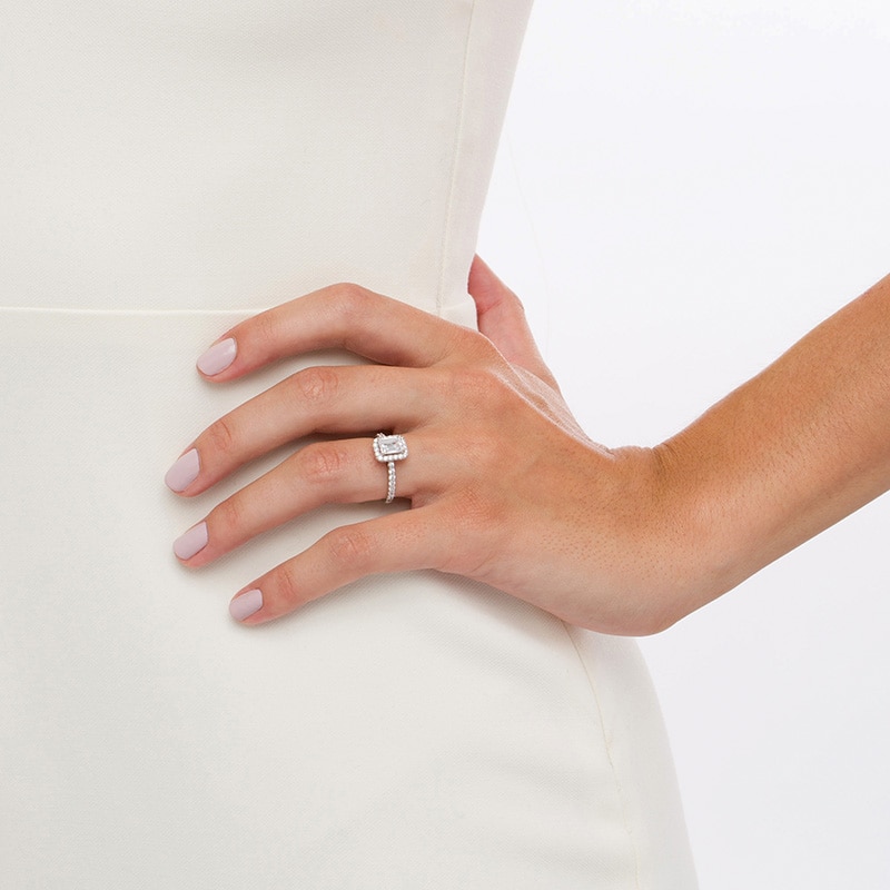 Main Image 2 of 1-1/2 CT. T.W. Certified Emerald-Cut Lab-Grown Diamond Frame Engagement Ring in 14K White Gold (F/VS2)