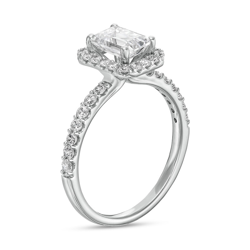 Main Image 3 of 1-1/2 CT. T.W. Certified Emerald-Cut Lab-Grown Diamond Frame Engagement Ring in 14K White Gold (F/VS2)