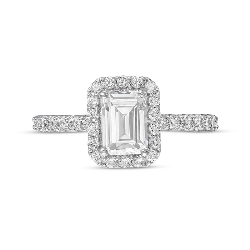 Main Image 4 of 1-1/2 CT. T.W. Certified Emerald-Cut Lab-Grown Diamond Frame Engagement Ring in 14K White Gold (F/VS2)