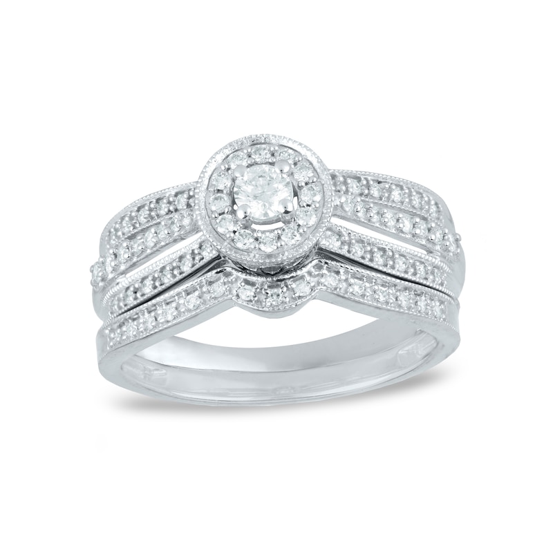 Main Image 1 of 3/8 CT. T.W. Diamond Frame Multi-Row Vintage-Style Bridal Set in 10K White Gold