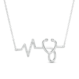 Diamond Accent Heartbeat with Stethoscope Necklace in Sterling Silver