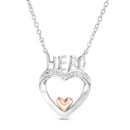 Diamond Accent &quot;HERO&quot; on Double Heart Necklace in Sterling Silver and 10K Rose Gold