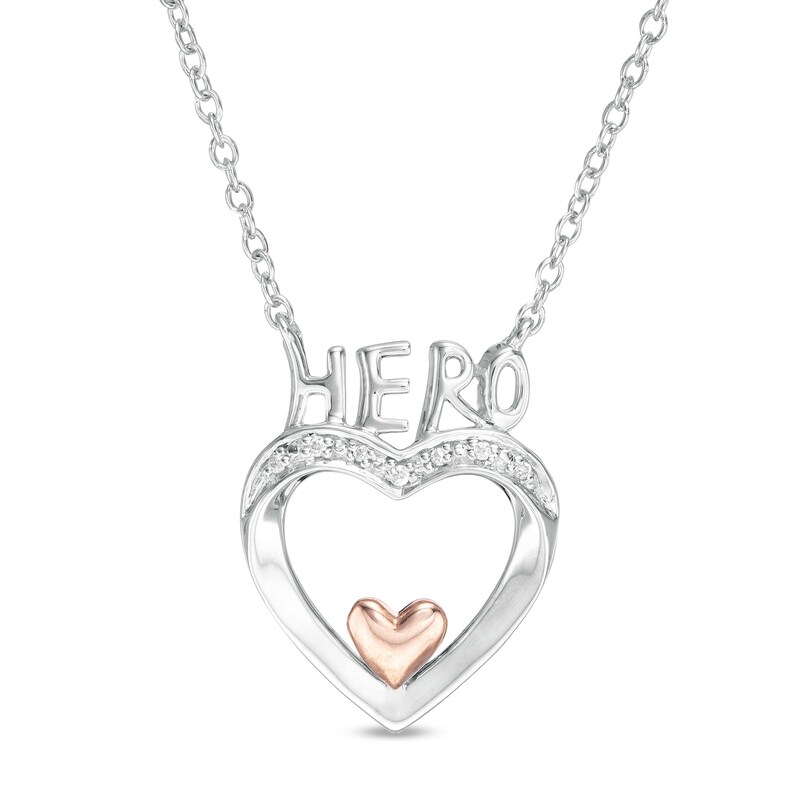 Diamond Accent "HERO" on Double Heart Necklace in Sterling Silver and 10K Rose Gold