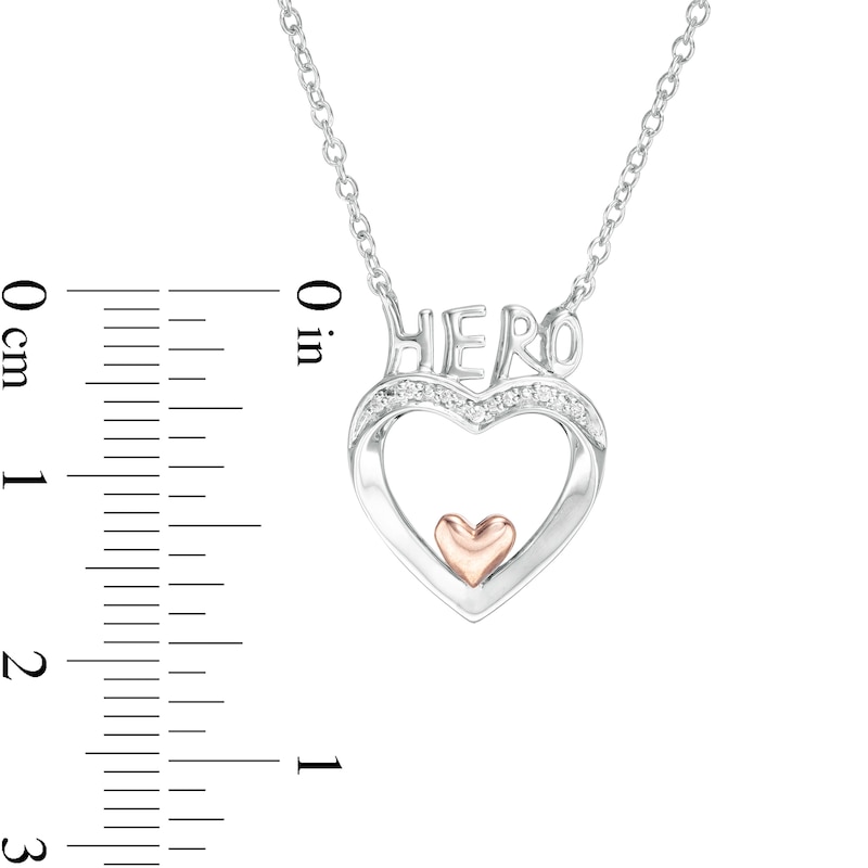 Diamond Accent "HERO" on Double Heart Necklace in Sterling Silver and 10K Rose Gold