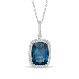 EFFY™ Collection Cushion-Cut London Blue Topaz and 1/3 CT. T.W. Diamond Frame Drop Pendant in 14K White Gold