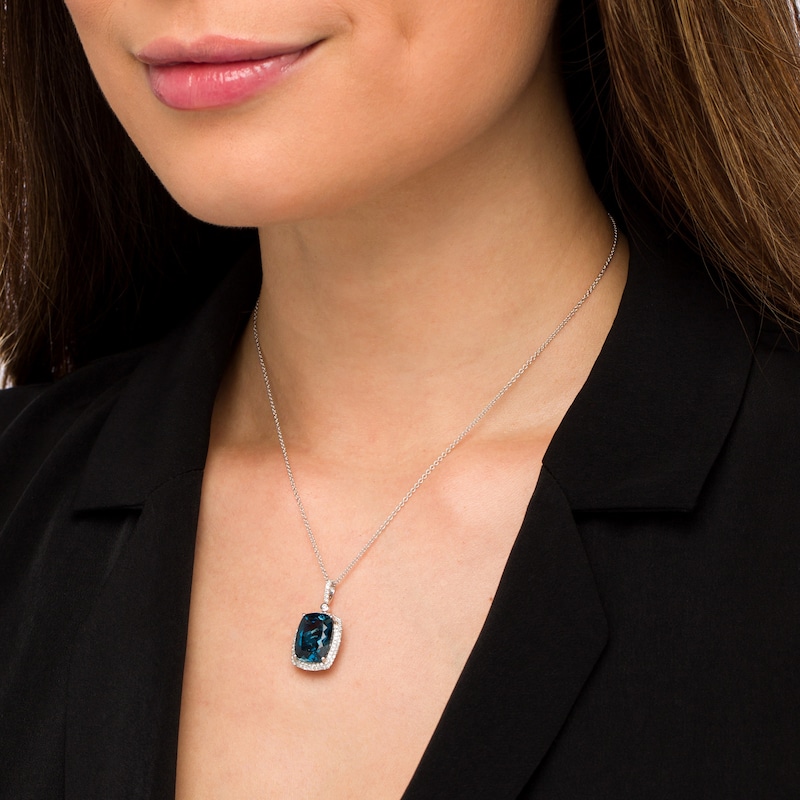 Main Image 2 of EFFY™ Collection Cushion-Cut London Blue Topaz and 1/3 CT. T.W. Diamond Frame Drop Pendant in 14K White Gold