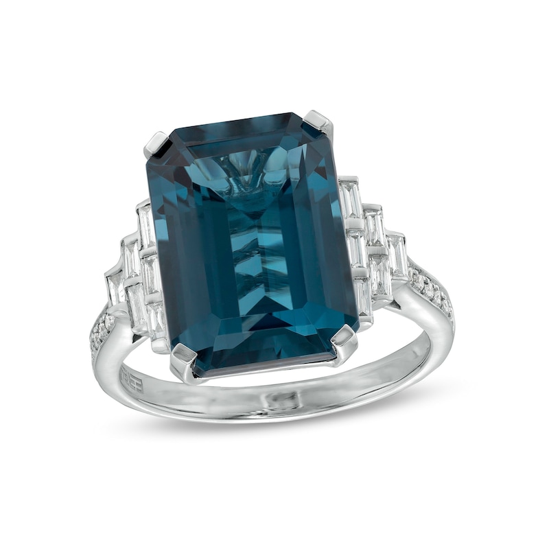 Main Image 1 of EFFY™ Collection Emerald-Cut London Blue Topaz and 1/3 CT. T.W. Diamond Stepped Collar Ring in 14K White Gold