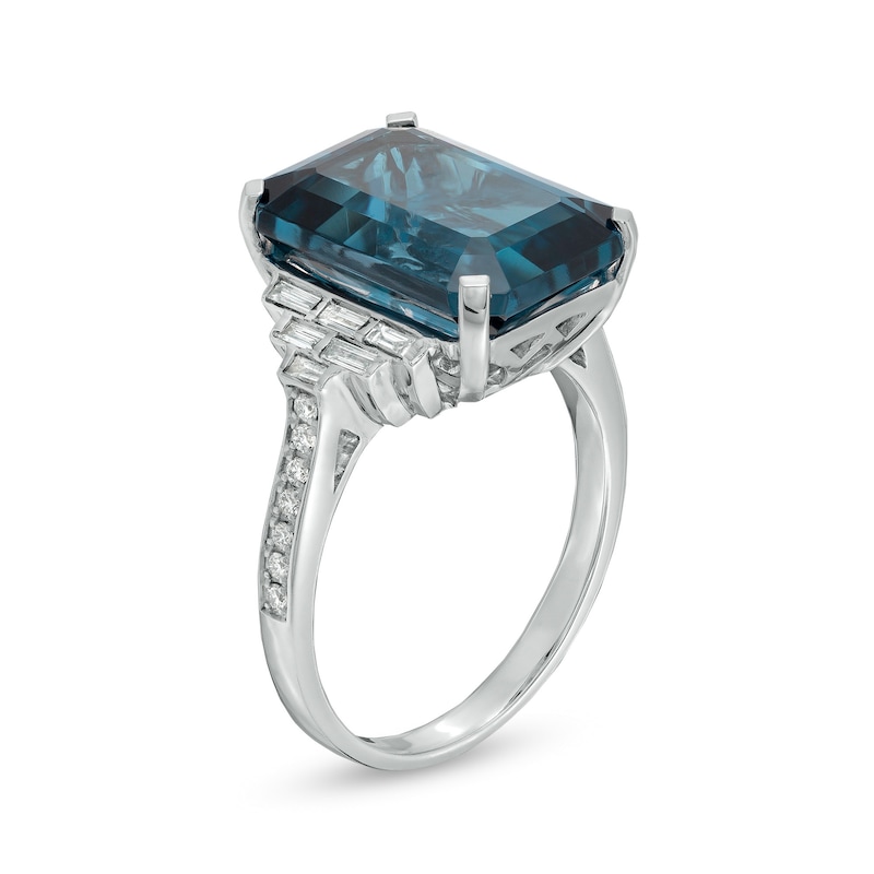 Main Image 2 of EFFY™ Collection Emerald-Cut London Blue Topaz and 1/3 CT. T.W. Diamond Stepped Collar Ring in 14K White Gold
