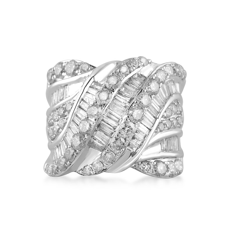 3 CT. T.W. Baguette and Round Diamond Multi-Row Crossover Ring in 14K White Gold