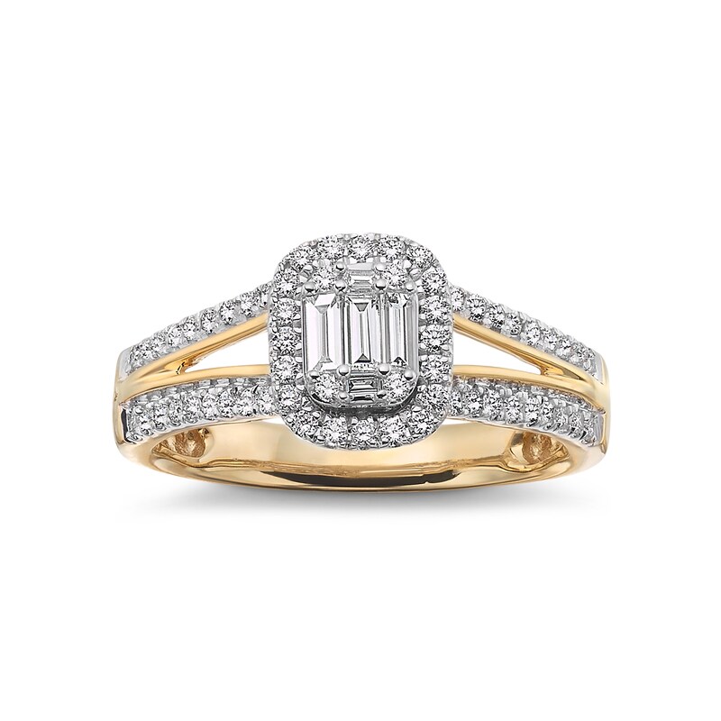 Main Image 1 of 1/3 CT. T.W. Baguette Diamond Frame Split Shank Engagement Ring in 10K Gold