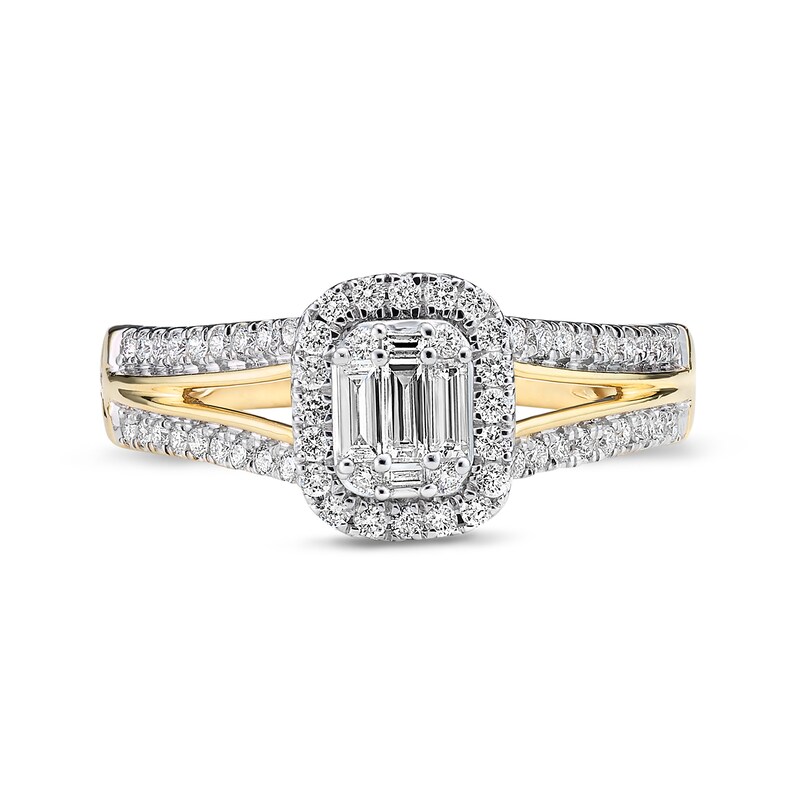 Main Image 3 of 1/3 CT. T.W. Baguette Diamond Frame Split Shank Engagement Ring in 10K Gold