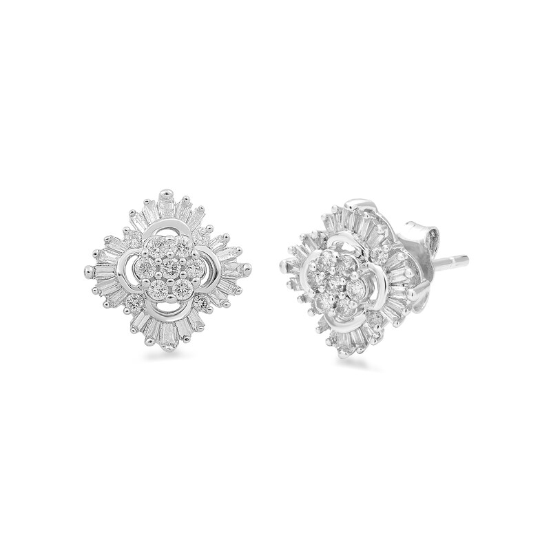 Main Image 1 of 1/2 CT. T.W. Baguette and Round Composite Diamond Starburst Stud Earrings in Sterling Silver