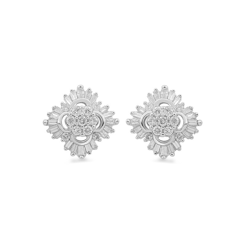 Main Image 2 of 1/2 CT. T.W. Baguette and Round Composite Diamond Starburst Stud Earrings in Sterling Silver