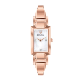 Ladies' Bulova Classic Diamond Accent Rose-Tone Bangle Watch with Rectangular Mother-of-Pearl Dial (Model: 97P142)