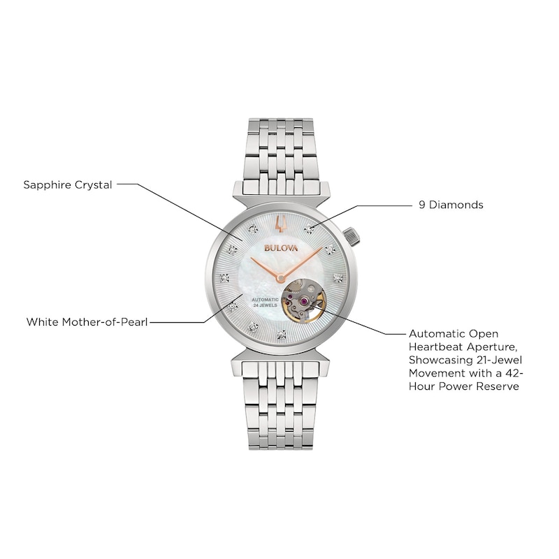 Main Image 2 of Ladies' Bulova Regatta Diamond Accent Automatic Watch with Mother-of-Pearl Skeleton Dial (Model: 96P222)
