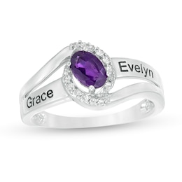 Couple's Oval Simulated Birthstone and White Lab-Created Sapphire Frame Ring in Sterling Silver (1 Stone and 2 Names)