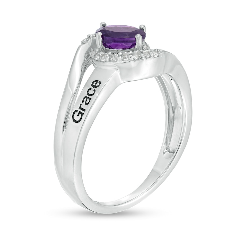 Main Image 3 of Couple's Oval Simulated Birthstone and White Lab-Created Sapphire Frame Ring in Sterling Silver (1 Stone and 2 Names)