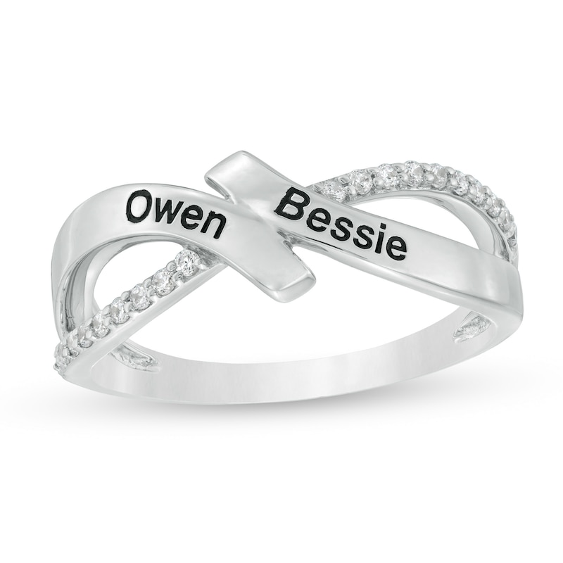 Main Image 1 of Couple's 1/8 CT. T.W. Diamond Engravable Bypass Ribbon Split Shank Ring in Sterling Silver (2 Names)