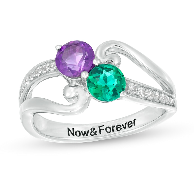Main Image 1 of Couple's Simulated Birthstone and White Lab-Created Sapphire Split Shank Ring in Sterling Silver (2 Stones and 1 Line)