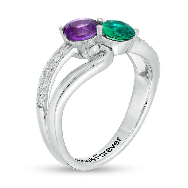 Main Image 3 of Couple's Simulated Birthstone and White Lab-Created Sapphire Split Shank Ring in Sterling Silver (2 Stones and 1 Line)