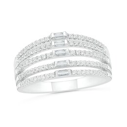 1/2 CT. T.W. Baguette and Round Diamond Multi-Row Split Shank Ring in 10K White Gold