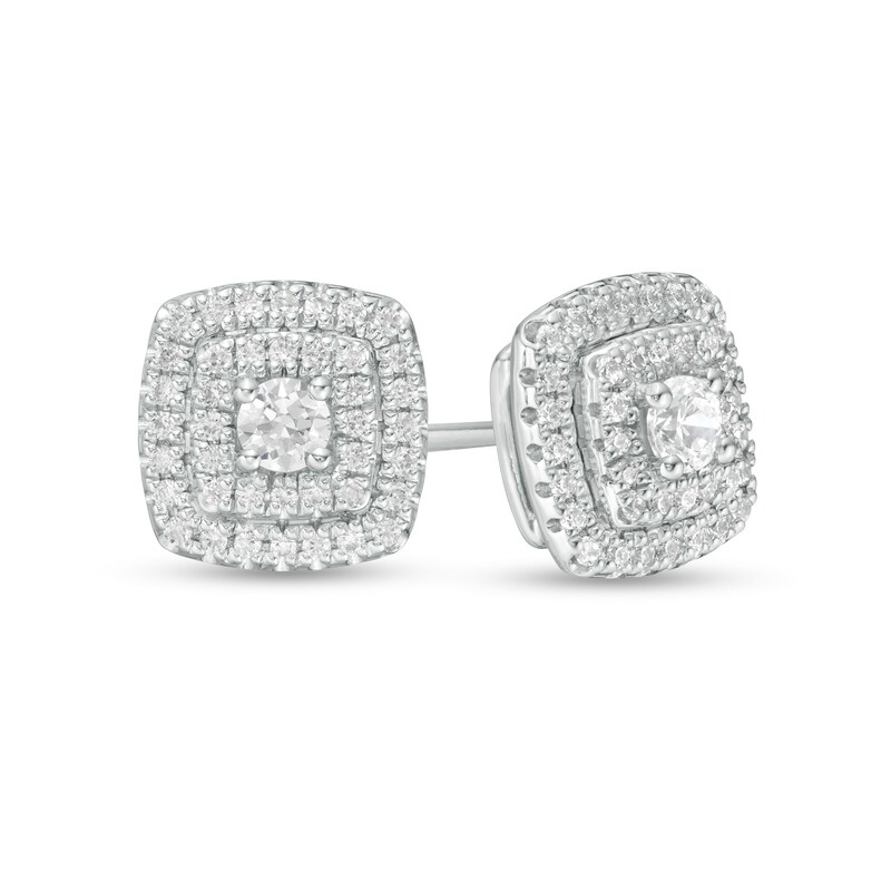 Main Image 1 of 1/2 CT. T.W. Diamond Cushion Double Frame Stud Earrings in 10K White Gold
