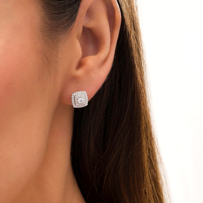Main Image 2 of 1/2 CT. T.W. Diamond Cushion Double Frame Stud Earrings in 10K White Gold