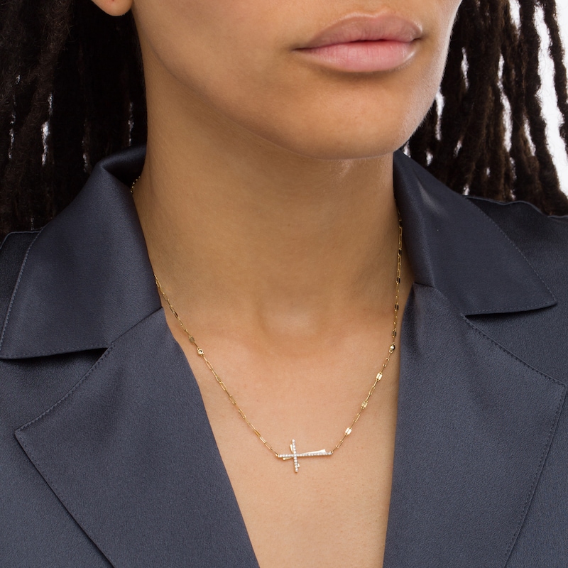 Main Image 2 of 1/6 CT. T.W. Diamond Double Sideways Cross Necklace in 10K Gold