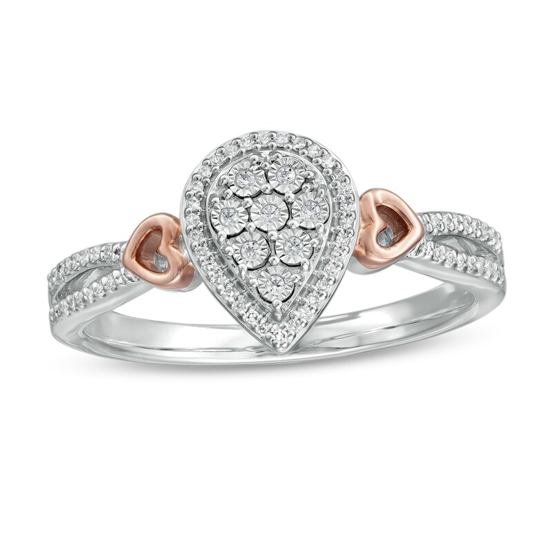 Main Image 1 of 1/10 CT. T.W. Composite Pear-Shaped Diamond Frame Promise Ring in Sterling Silver and 10K Rose Gold