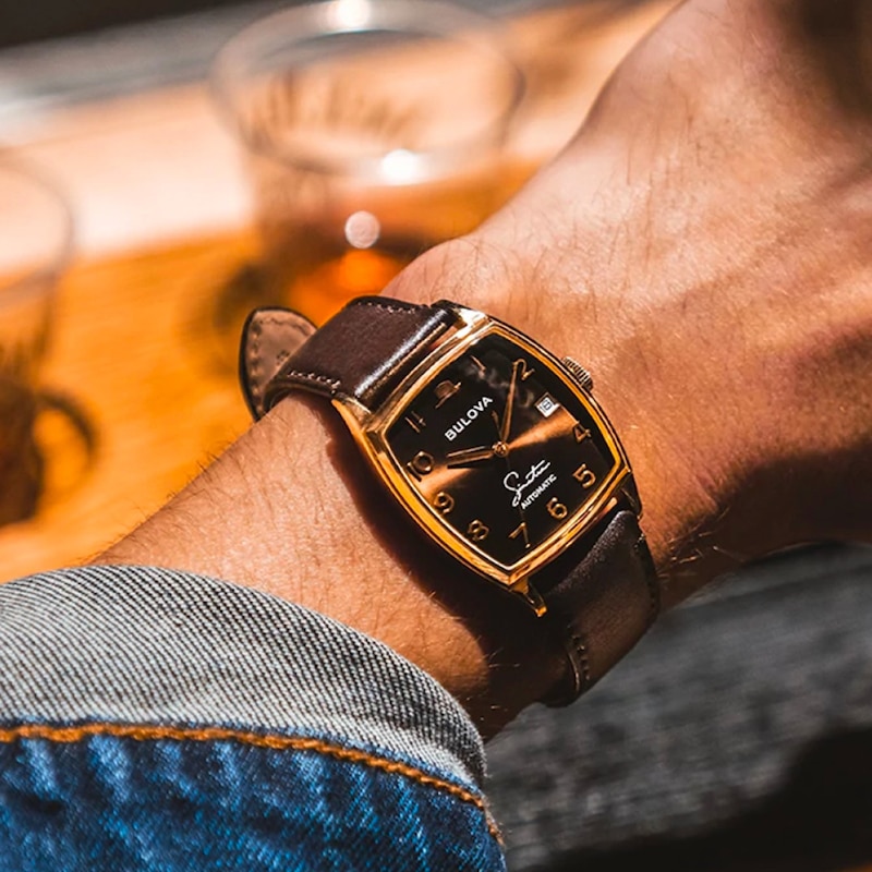 Main Image 4 of Men's Bulova Frank Sinatra 'Young At Heart' Collection Gold-Tone Automatic Strap Watch with Brown Dial (Model: 97B198)