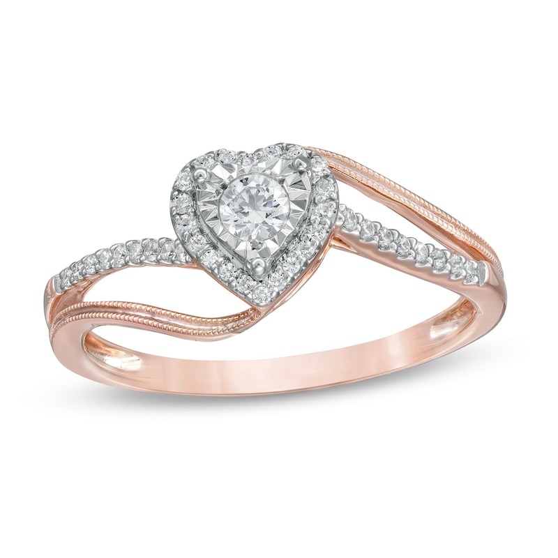 Main Image 1 of 1/5 CT. T.W. Diamond Heart Frame Split Shank Promise Ring in 10K Rose Gold