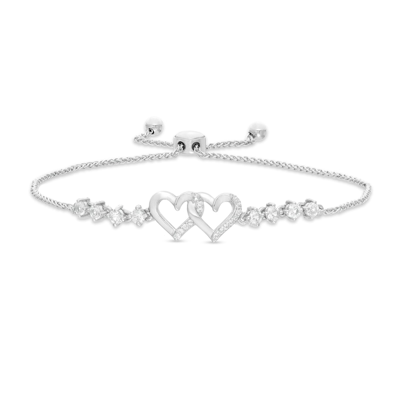 Main Image 1 of White Lab-Created Sapphire Double Hearts Bolo Bracelet in Sterling Silver - 9.0"