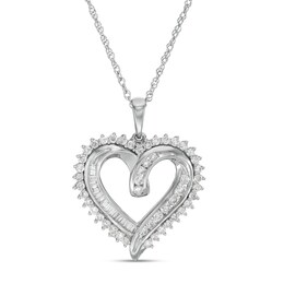 3/4 CT. T.W. Baguette and Round Diamond Double Row Heart Pendant in Sterling Silver