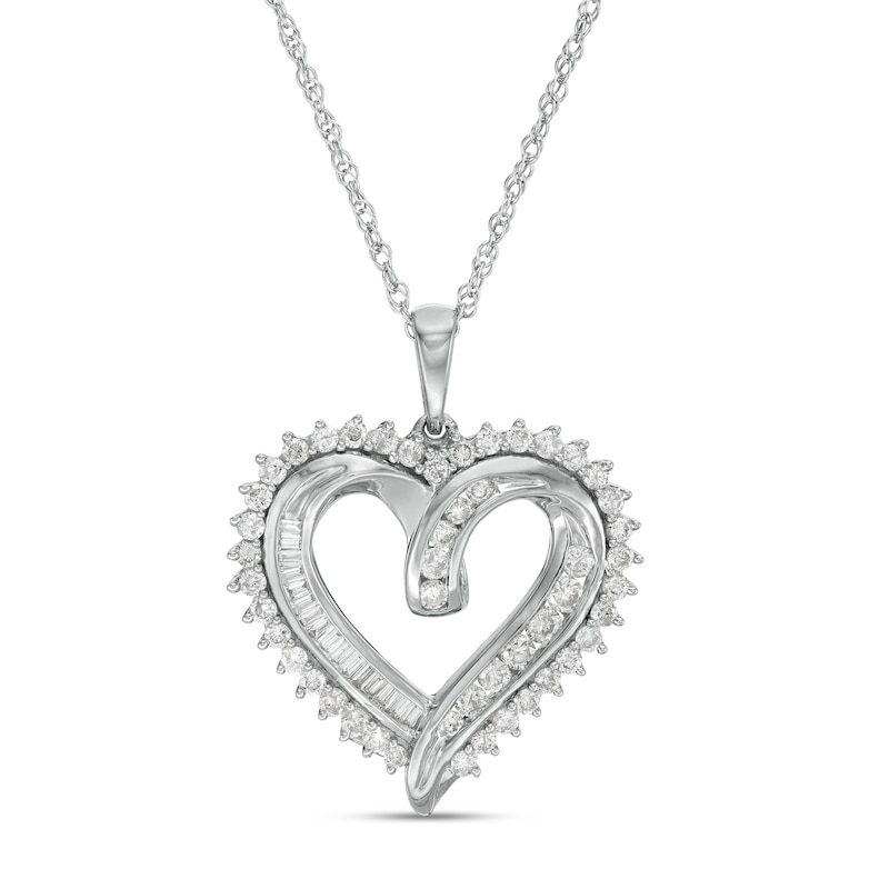 Main Image 1 of 3/4 CT. T.W. Baguette and Round Diamond Double Row Heart Pendant in Sterling Silver