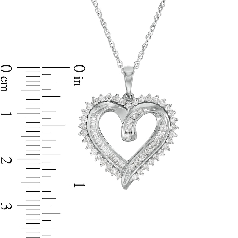 Main Image 3 of 3/4 CT. T.W. Baguette and Round Diamond Double Row Heart Pendant in Sterling Silver