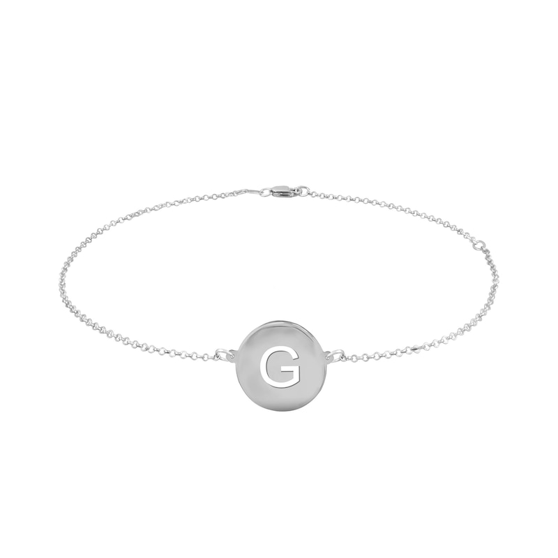 Block Initial Cut-Out Disc Anklet in Sterling Silver (1 Initial) - 10"