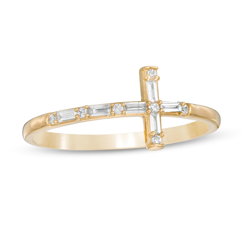 Main Image 1 of 1/8 CT. T.W. Baguette and Round Diamond Cross Ring in 10K Gold