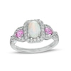 Thumbnail Image 1 of Oval Lab-Created Opal with Pear-Shaped Pink and White Lab-Created Sapphire Frame Three Stone Ring in Sterling Silver