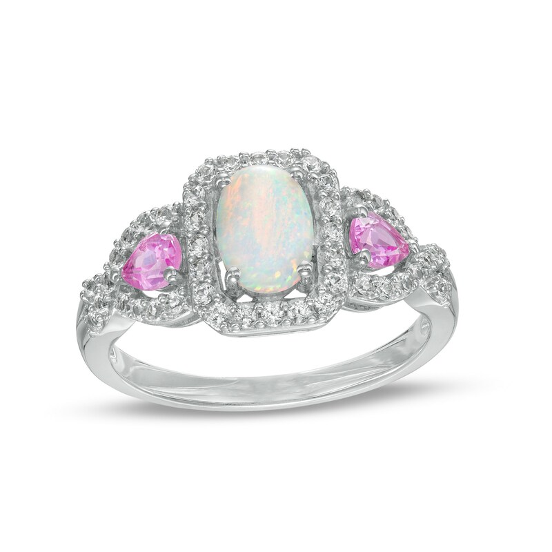 Main Image 1 of Oval Lab-Created Opal with Pear-Shaped Pink and White Lab-Created Sapphire Frame Three Stone Ring in Sterling Silver