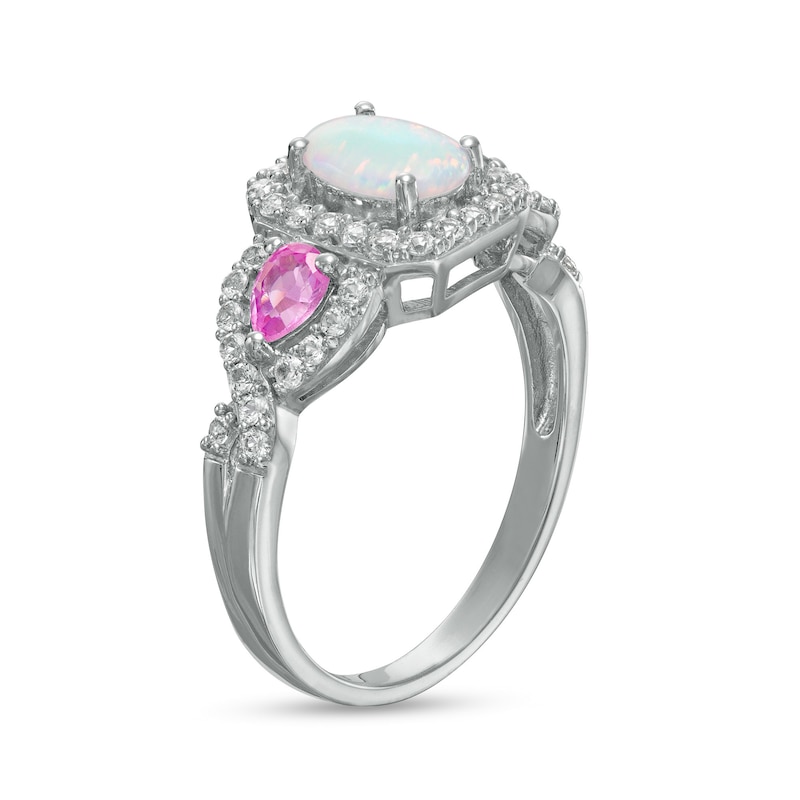 Main Image 3 of Oval Lab-Created Opal with Pear-Shaped Pink and White Lab-Created Sapphire Frame Three Stone Ring in Sterling Silver