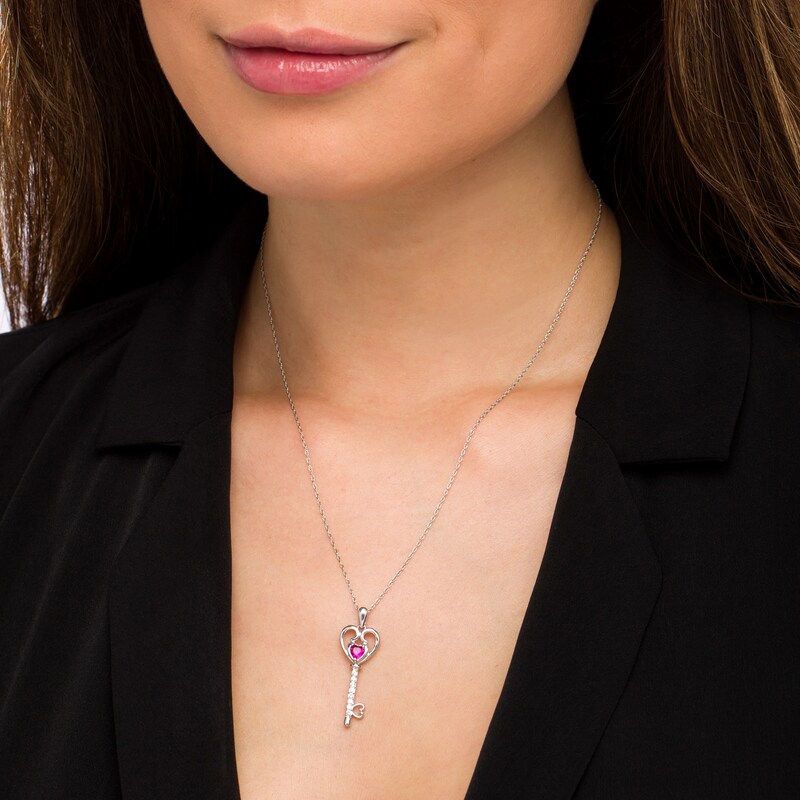 Main Image 2 of 4.0mm Heart-Shaped Lab-Created Ruby and White Sapphire Heart-Top Key Pendant in Sterling Silver