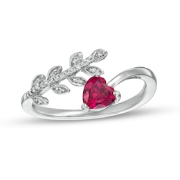 6.0mm Heart-Shaped Lab-Created Ruby and White Lab-Created Sapphire Vine Bypass Wrap Ring in Sterling Silver