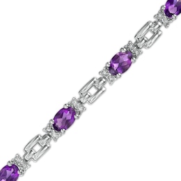 Oval Amethyst and Diamond Accent Beaded Brick Link Alternating Line Bracelet in Sterling Silver - 7.25&quot;