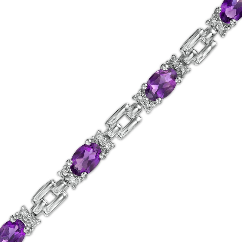 Main Image 1 of Oval Amethyst and Diamond Accent Beaded Brick Link Alternating Line Bracelet in Sterling Silver - 7.25"