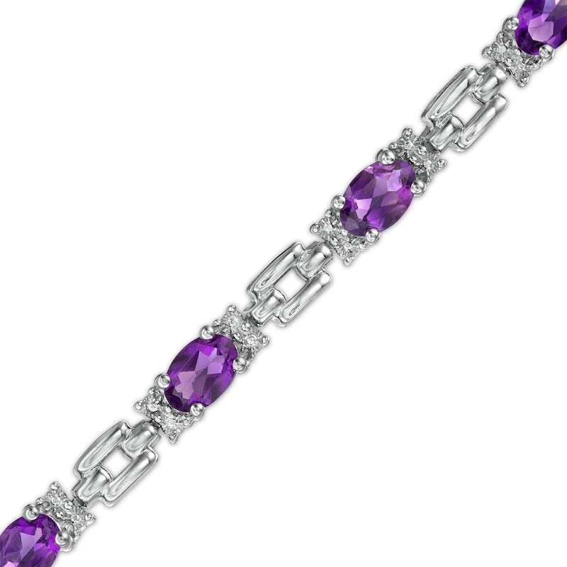 Oval Amethyst and Diamond Accent Beaded Brick Link Alternating Line Bracelet in Sterling Silver - 7.25"